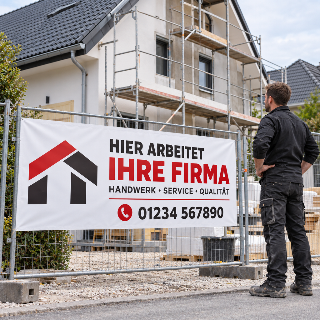 Personalisiertes Handwerkerbanner am Bauzaun einer Baustelle