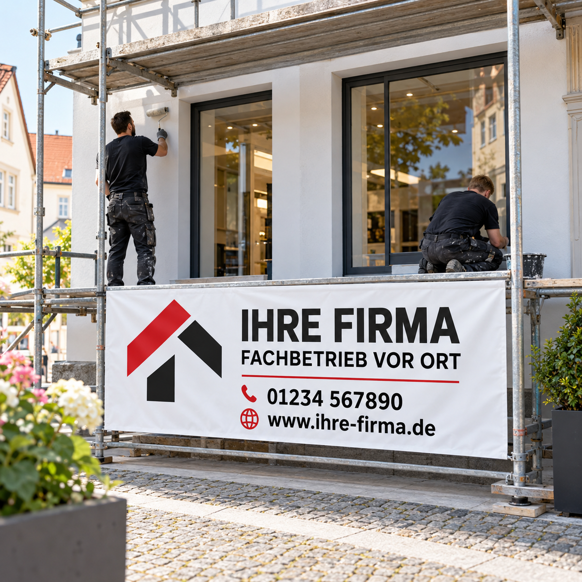 Firmenbanner für Handwerker am Gerüst mit Logo und Kontaktdaten