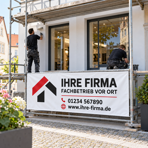 Firmenbanner für Handwerker am Gerüst mit Logo und Kontaktdaten