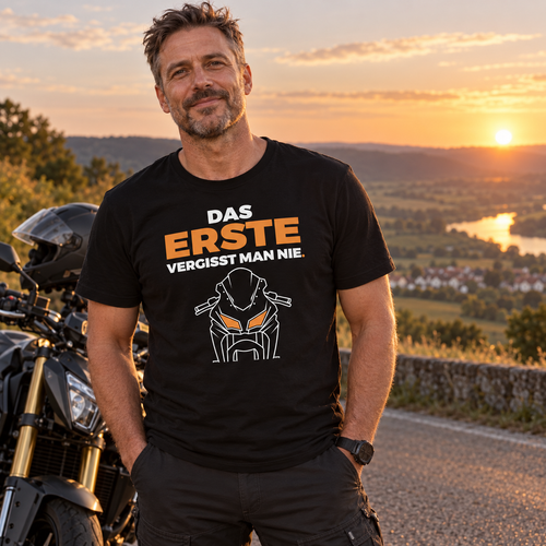 Motorradfahrer trägt schwarzes T-Shirt Das Erste vergisst man nie