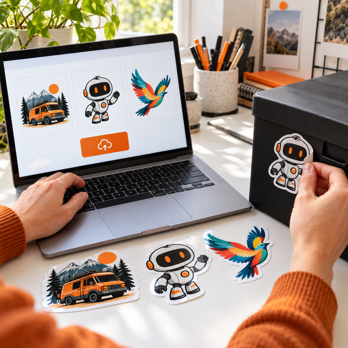 Eigenes Stickermotiv hochladen und auf einer Aufbewahrungsbox anwenden