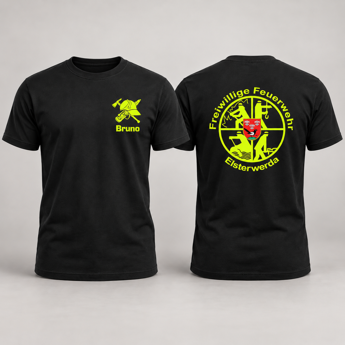 Personalisiertes Feuerwehr T-Shirt in Schwarz – Vorder- und Rückseite