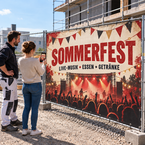 Veranstaltungsbanner aus eigenem KI-Entwurf am Bauzaun