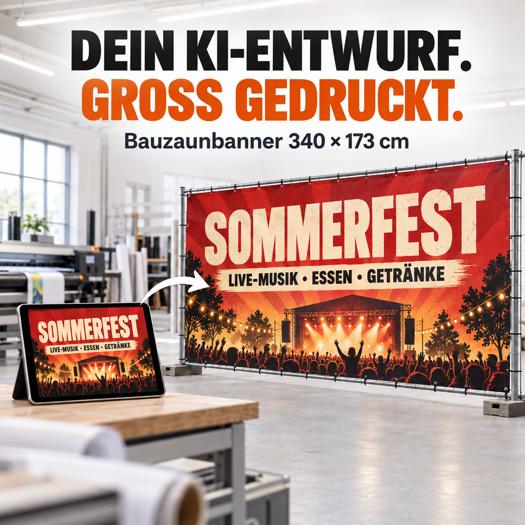 Eigener KI-Entwurf wird als Veranstaltungs-Bauzaunbanner gedruckt