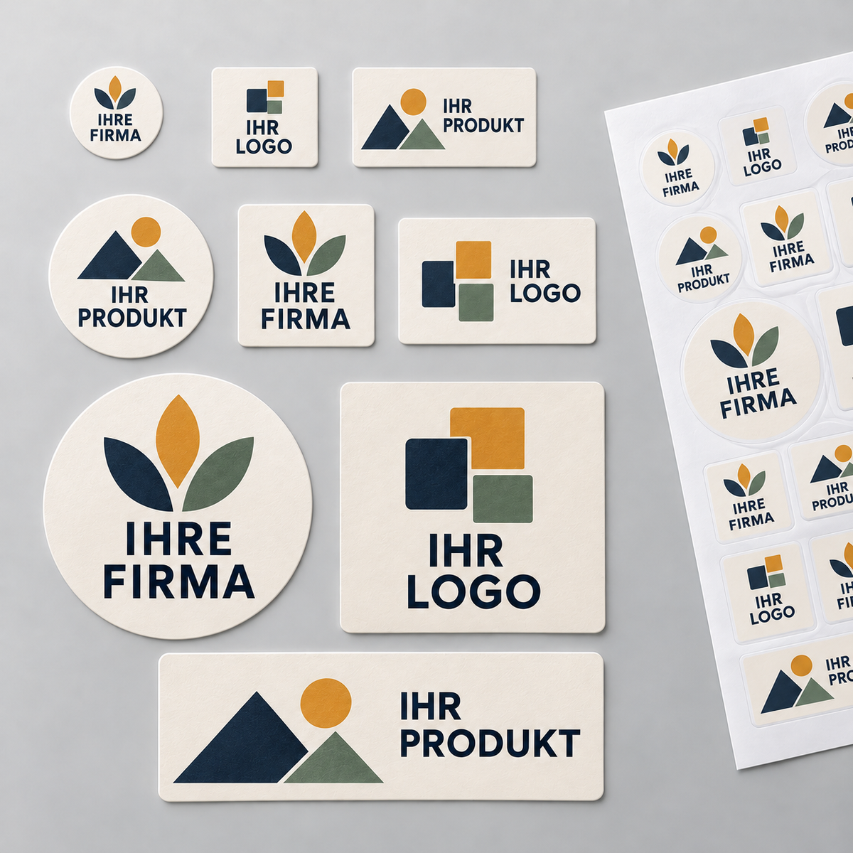 Runde, quadratische und rechteckige Firmenaufkleber mit den Mustern Ihre Firma, Ihr Logo und Ihr Produkt