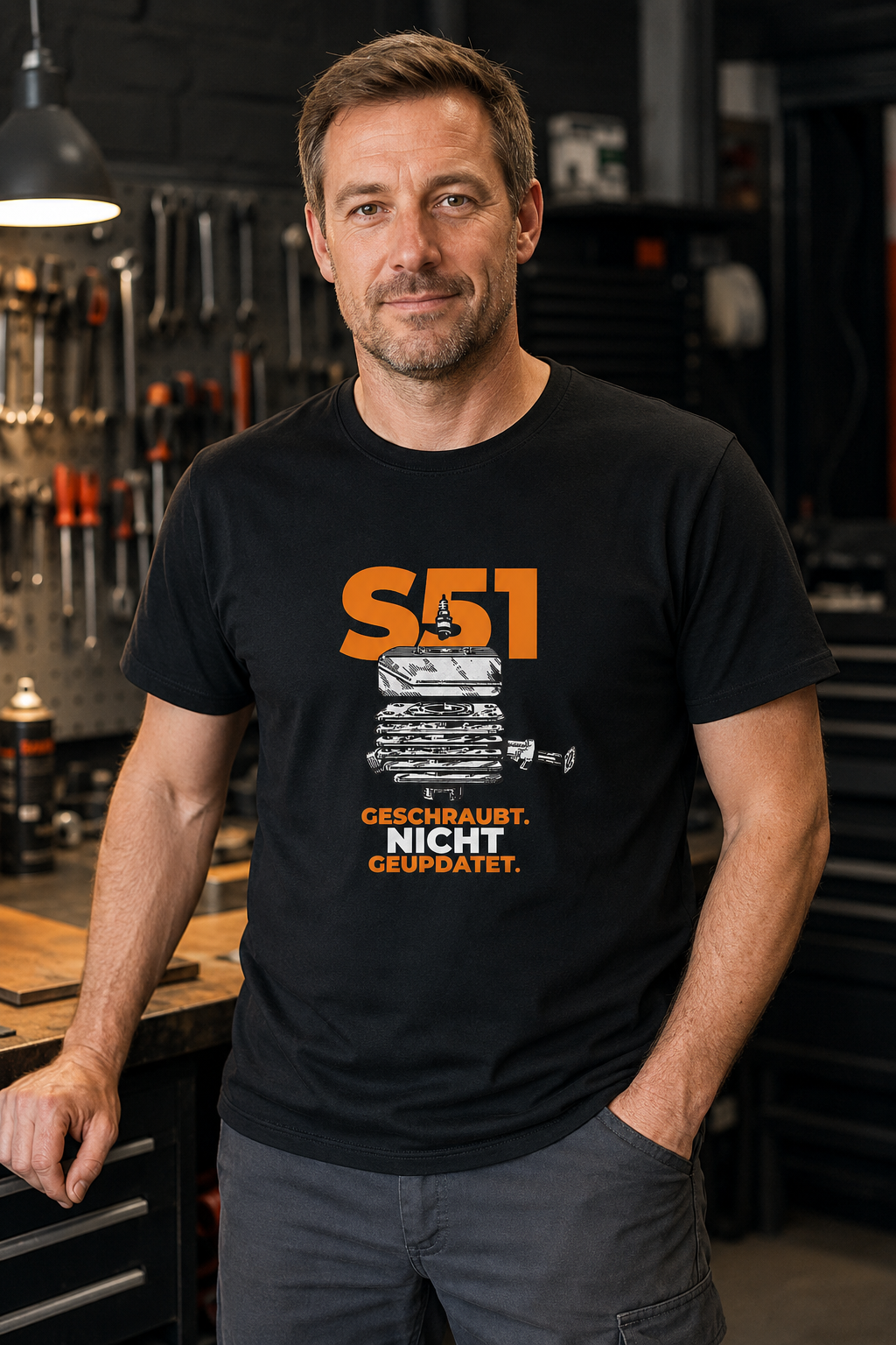 S51 Schrauber T-Shirt in einer Werkstatt