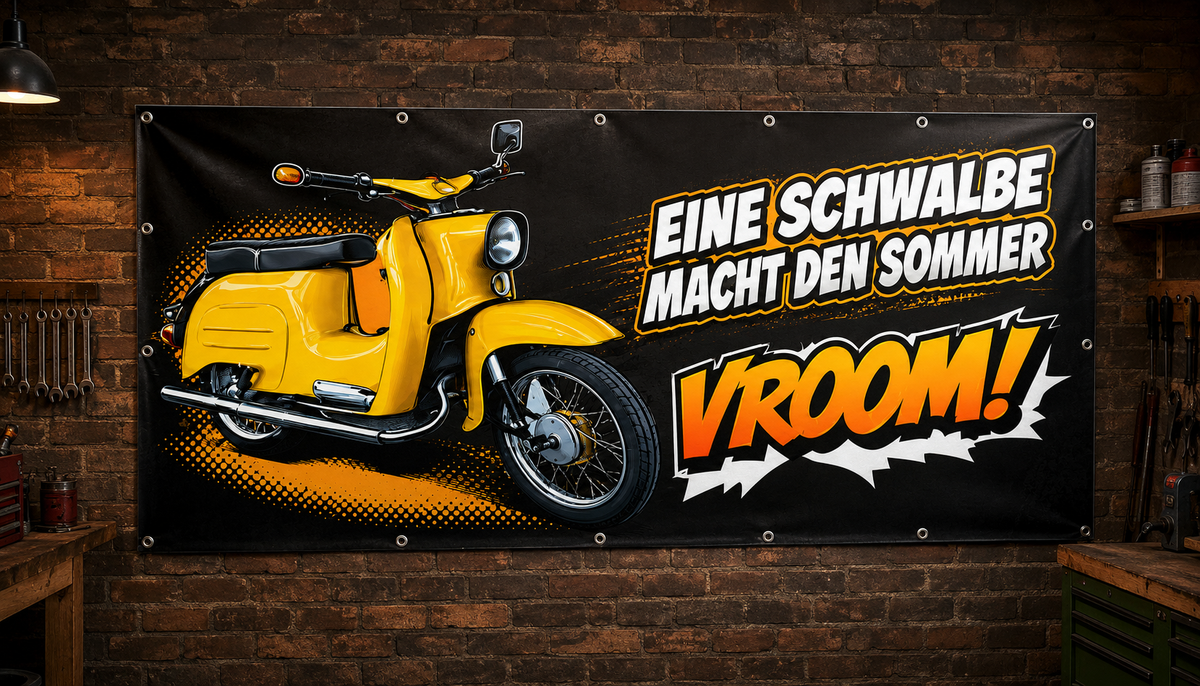 Schwalbe Garagenbanner geöst an rustikaler Werkstattwand